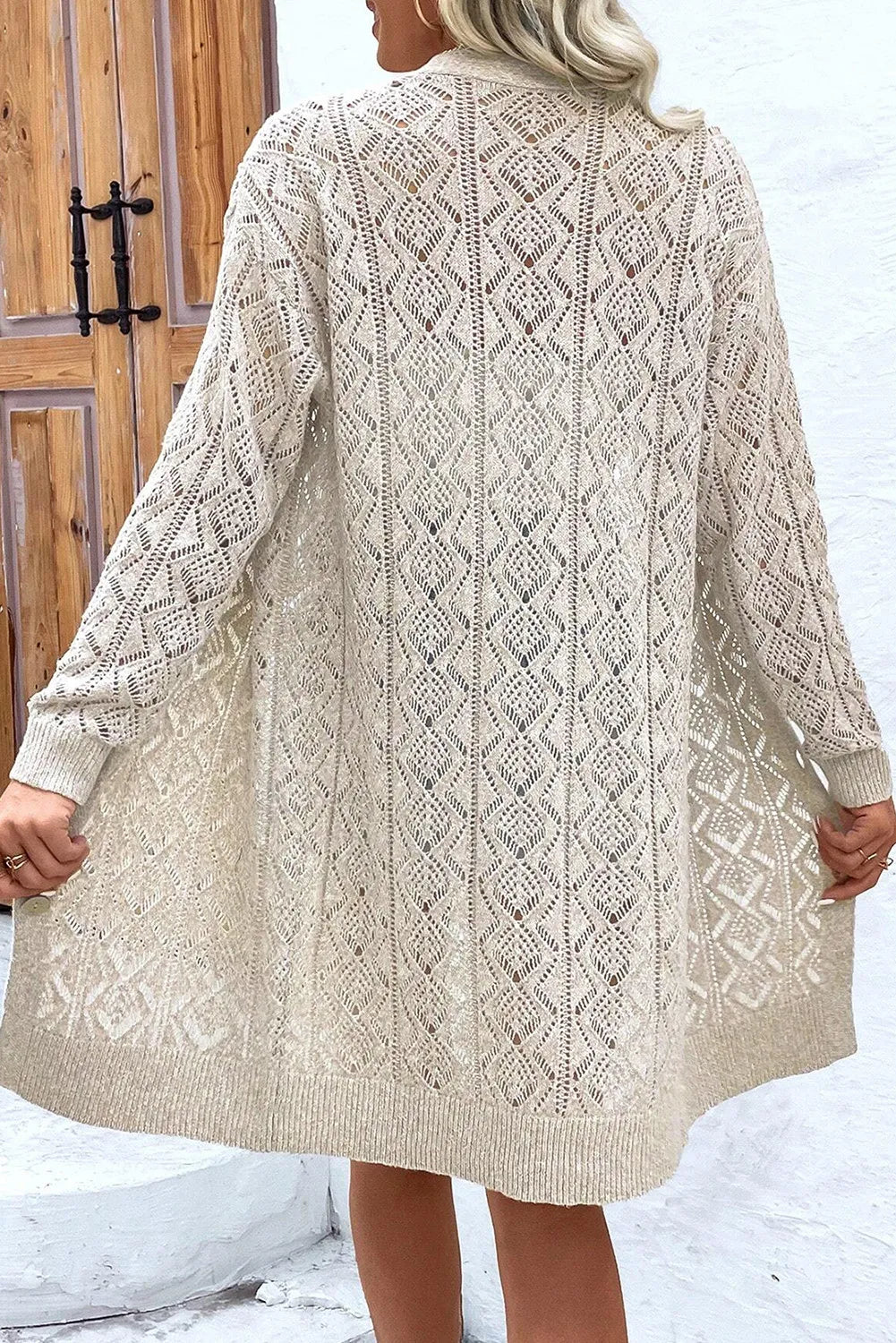 Women's Grey Openwork Knit Long Sleeve Button Down Cardigan - Image 8