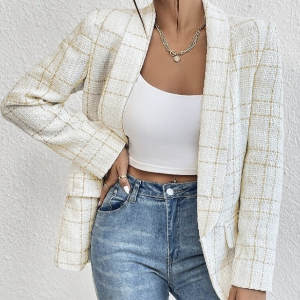 Women's White Windowpane Linen Blazer Jacket
