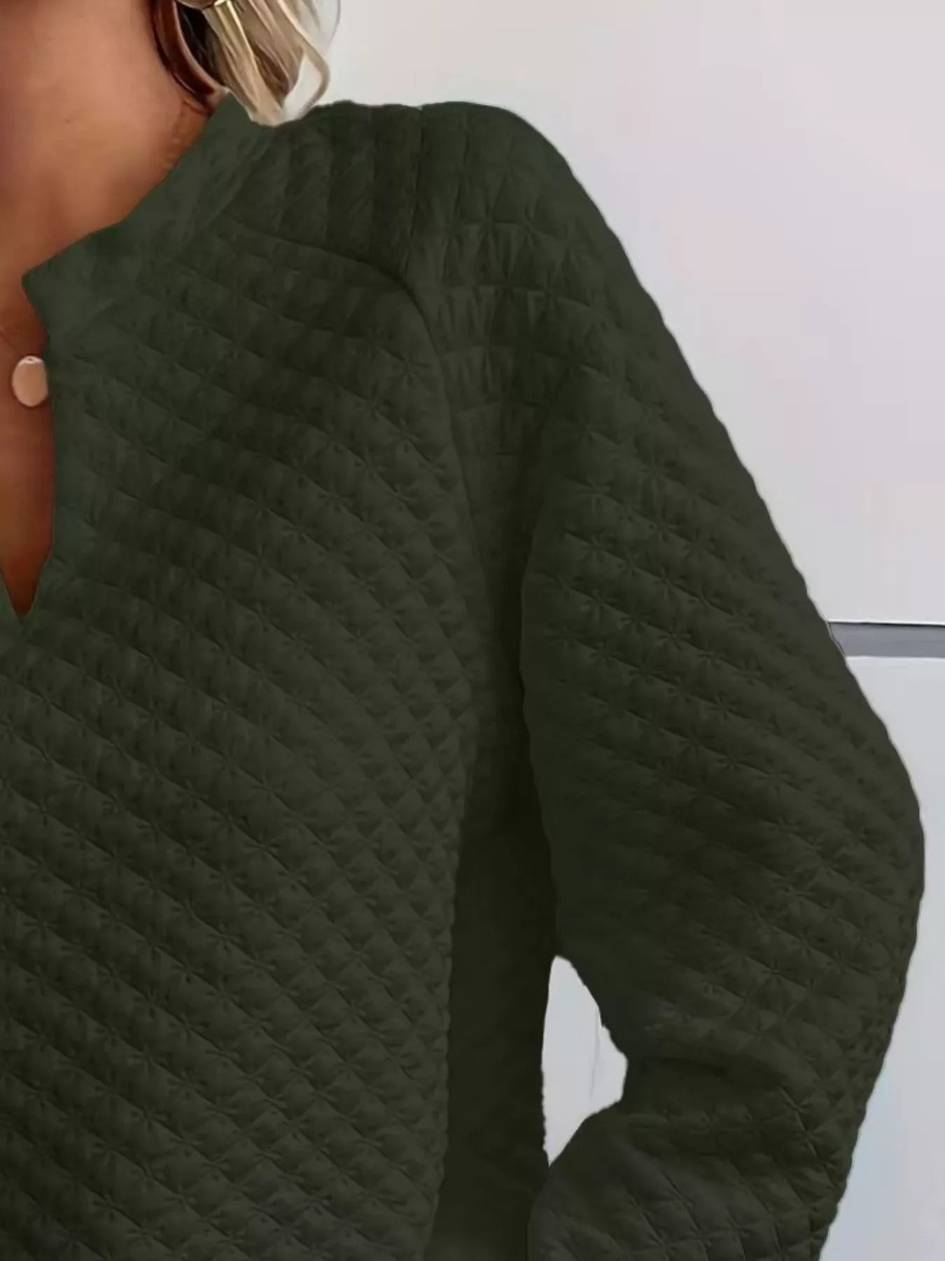 White Quilted Notched Neck Long Sleeve Sweatshirt - Image 14