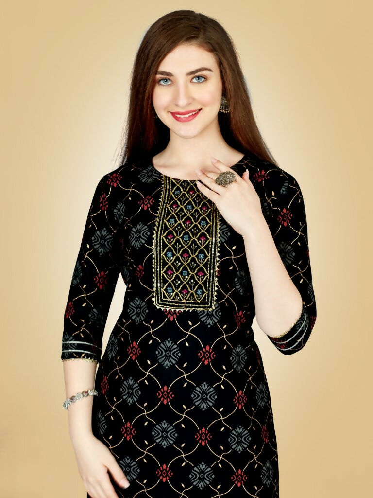 Women's Black Embroidered Viscose Rayon Straight Kurta Pant Set