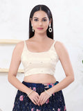 Elegant off-white sleeveless Gajji silk blouse with a square neckline and back-open design.