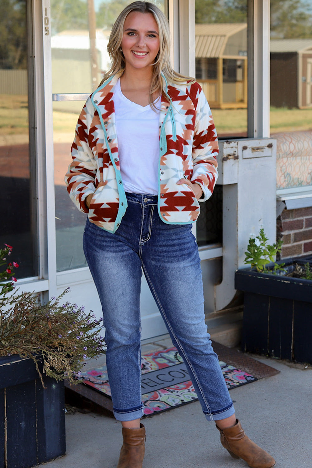 Fiery Red Western Aztec Fleece Jacket | Buttoned Zipper Pockets