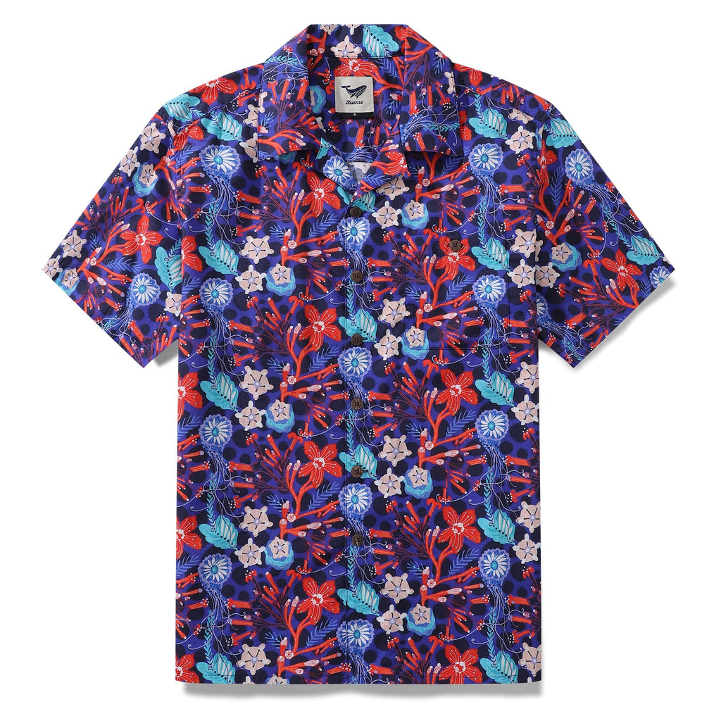 Men's tropical-inspired floral print camp collar shirt with blue, red, and light-pink accents.