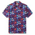 Men's tropical-inspired floral print camp collar shirt with blue, red, and light-pink accents.