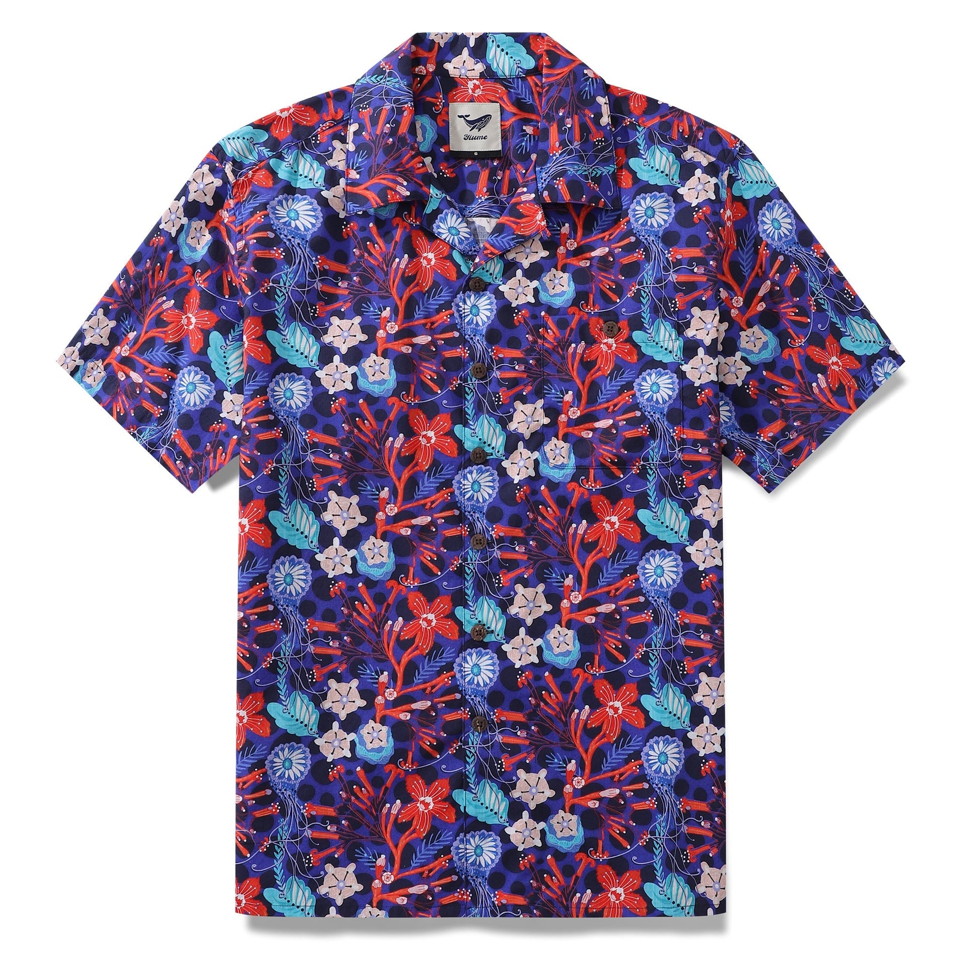 Men's tropical-inspired floral print camp collar shirt with blue, red, and light-pink accents.