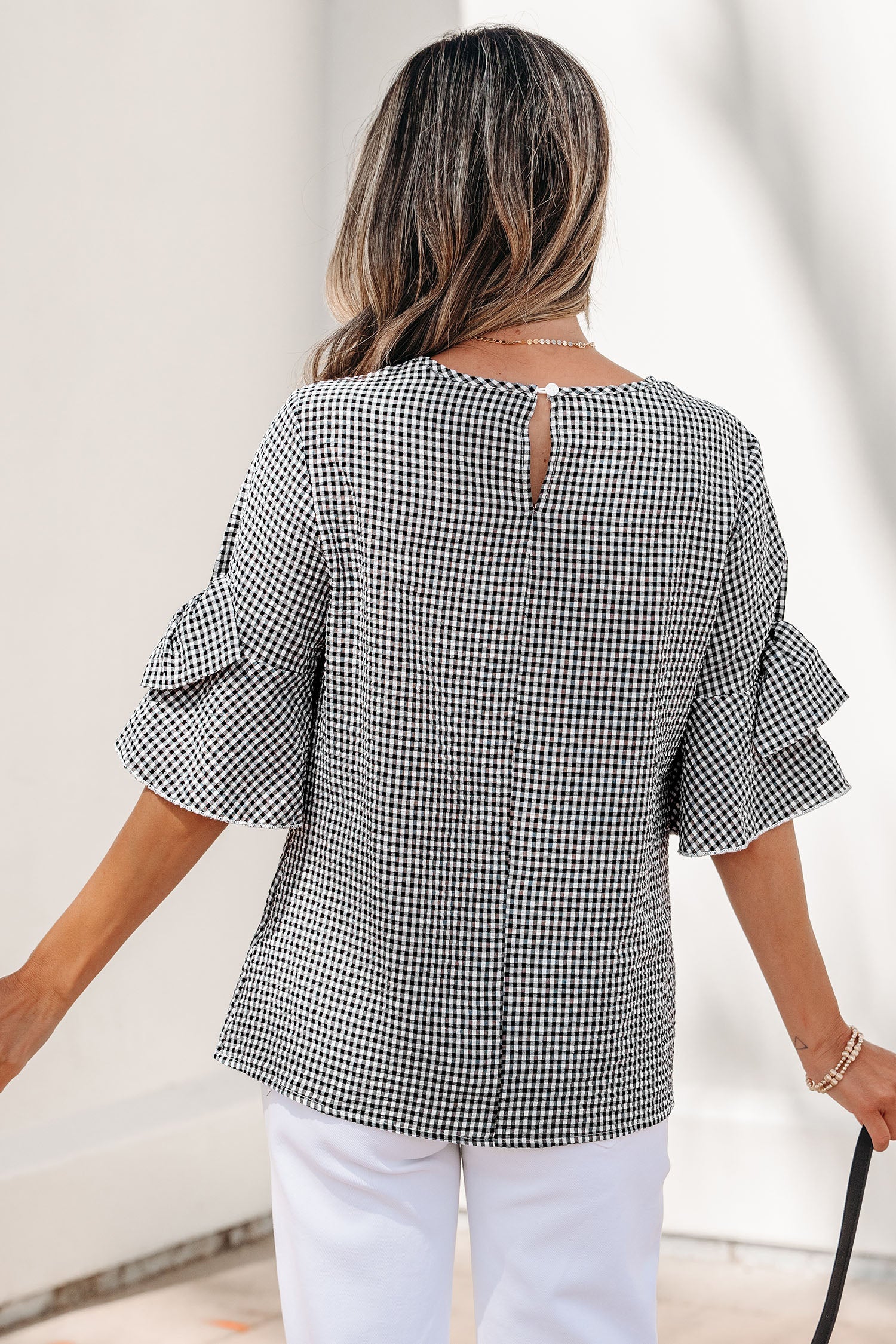 Black Plaid Bow Ruffled Half Sleeve Round Neck Blouse