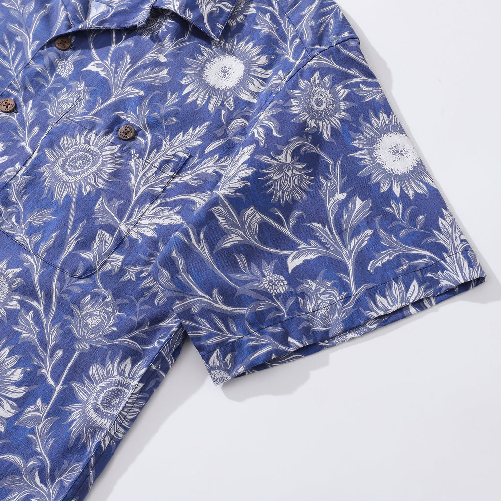 Blue and White Porcelain Sunflower Shirt Short Sleeve Cotton