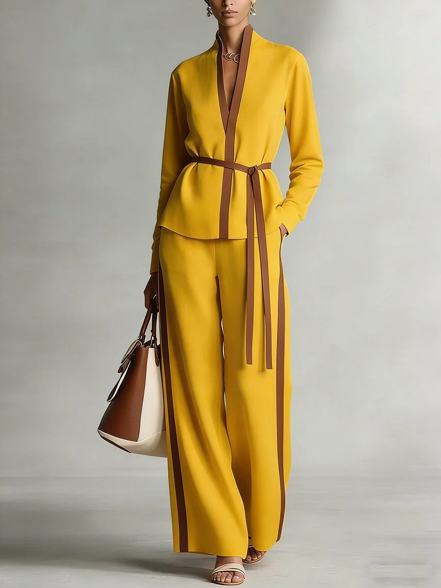Women’s Contrast Trim Belted Cardigan and Wide Leg Pants Set - Image 12