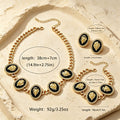 Women Vintage Black Enamel Portrait Head Chunky Cuban CZ 3Pcs Jewelry Set, Matching Necklace Stud Earrings Bracelet Gold Plated Retro Evening Party Gift