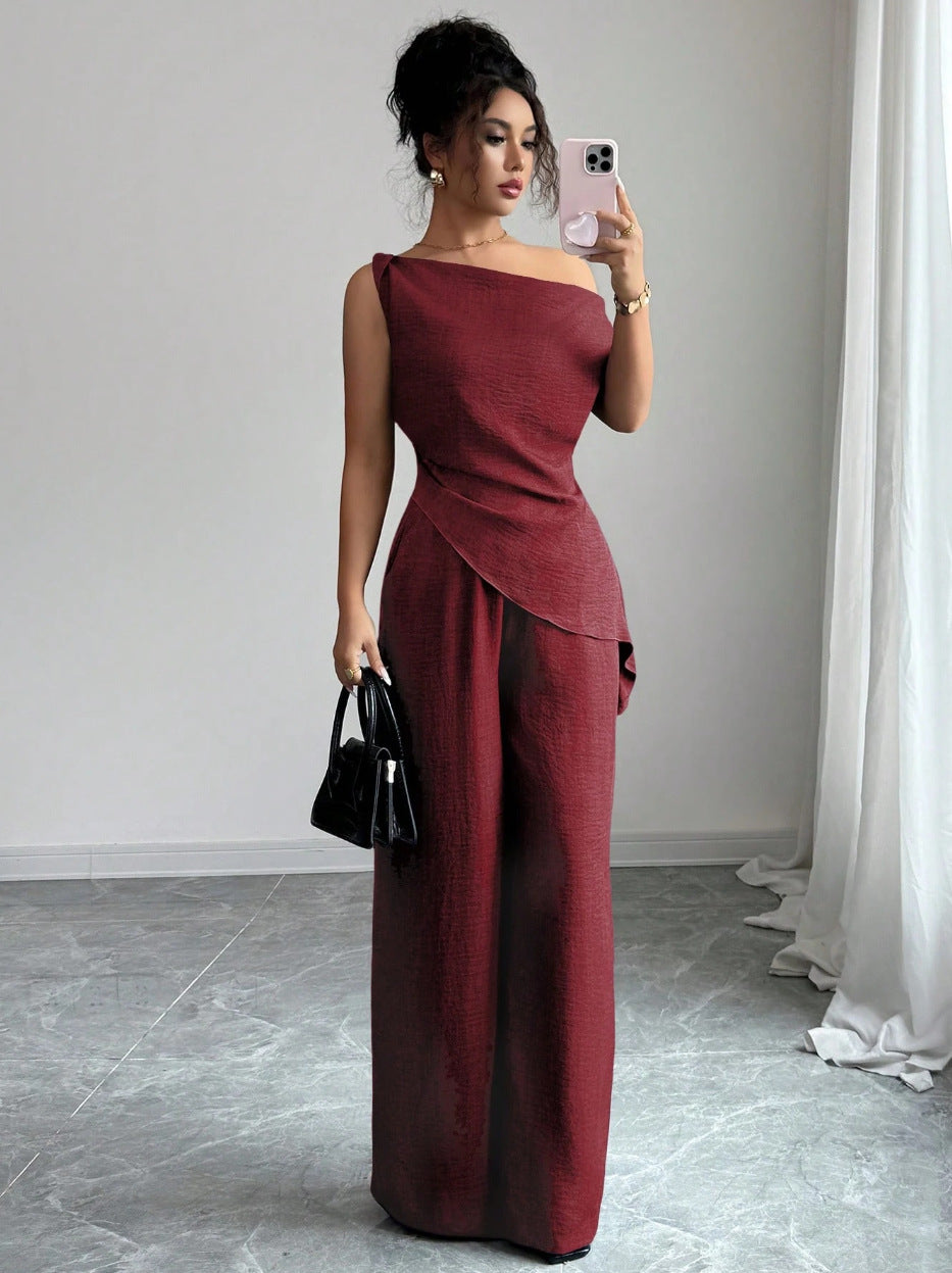 One-Shoulder Asymmetric Top & Wide-Leg Pants 2-Piece Co-ord Set