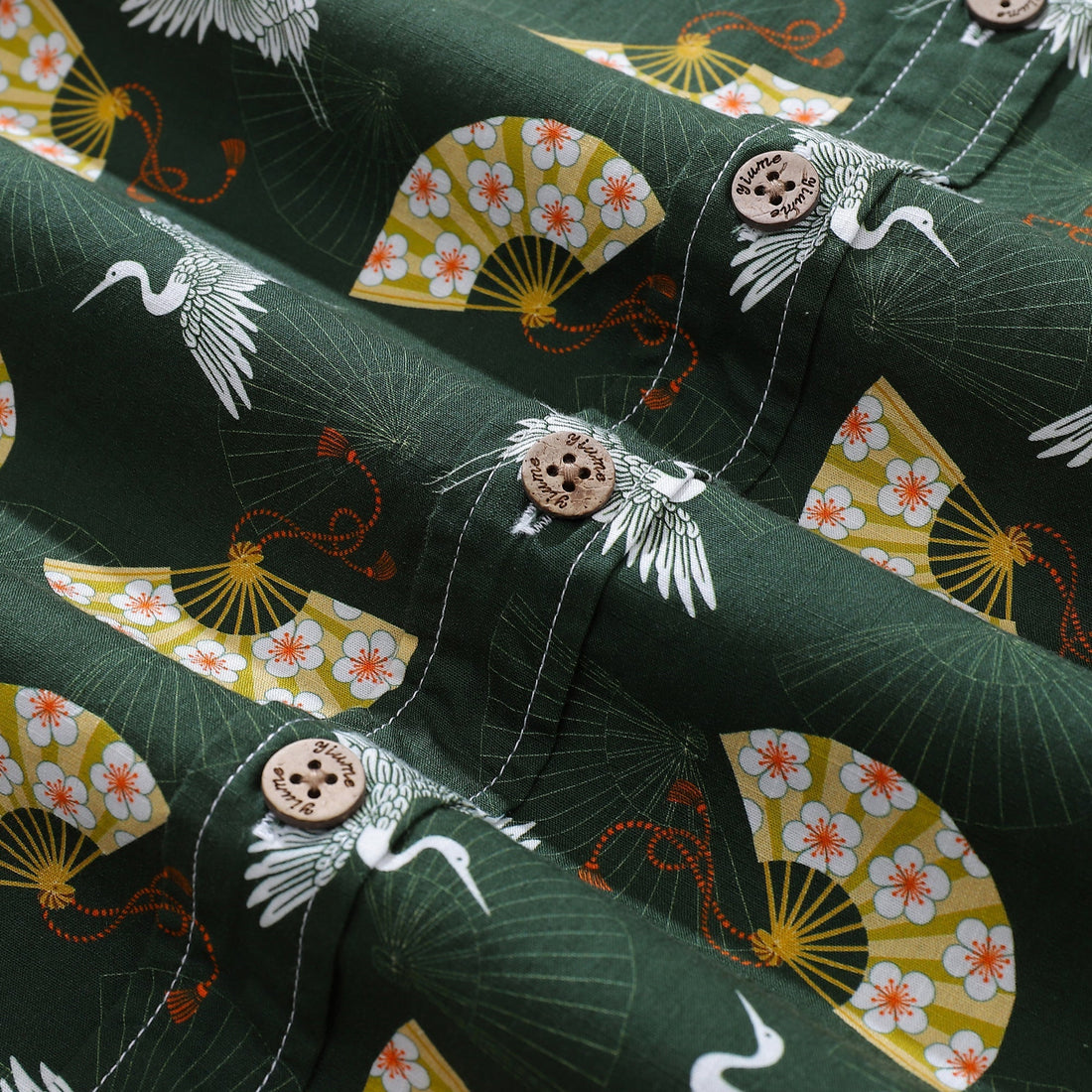 Men's Luck of the Cranes Cotton Aloha Shirt Dark Green