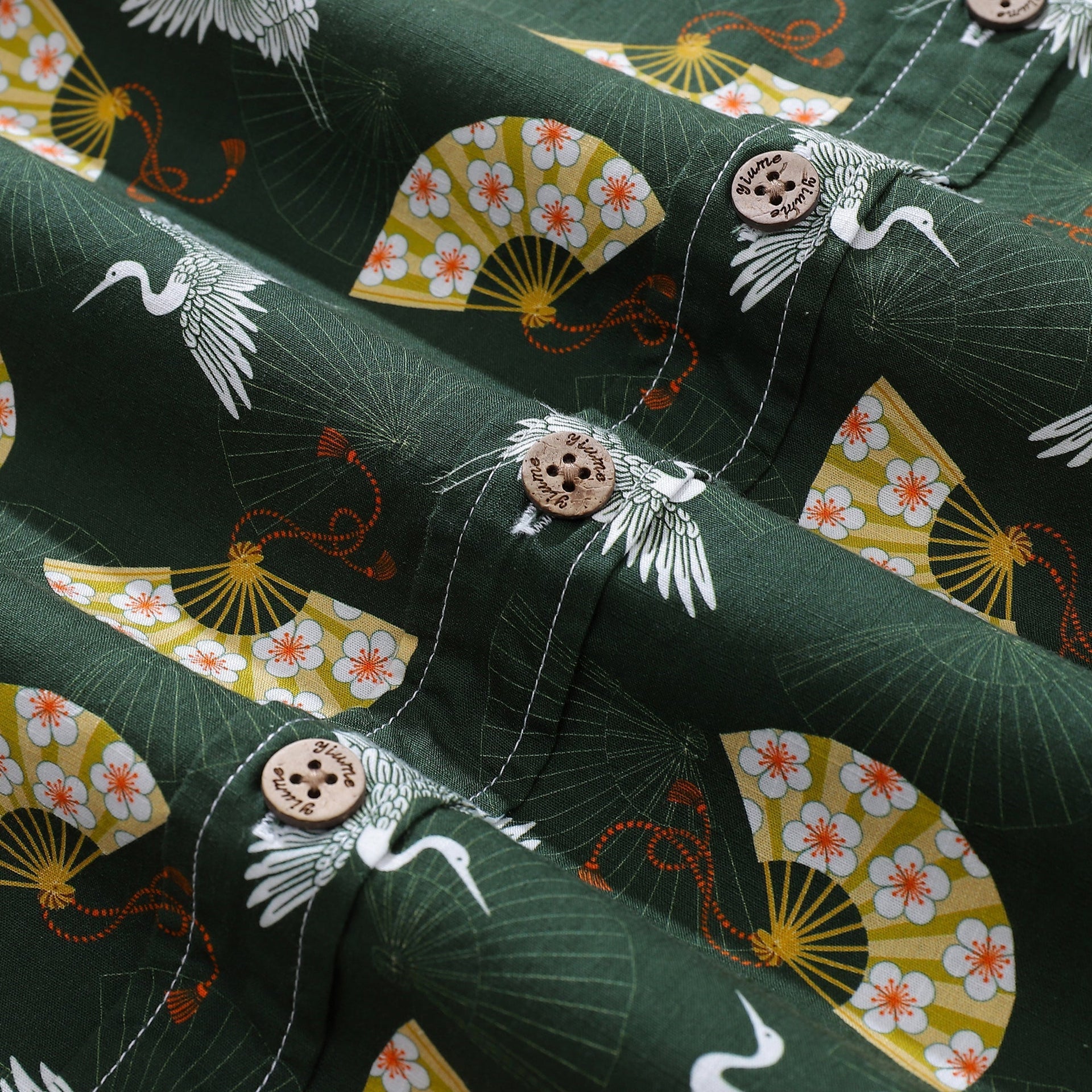 Men's Luck of the Cranes Cotton Aloha Shirt Dark Green