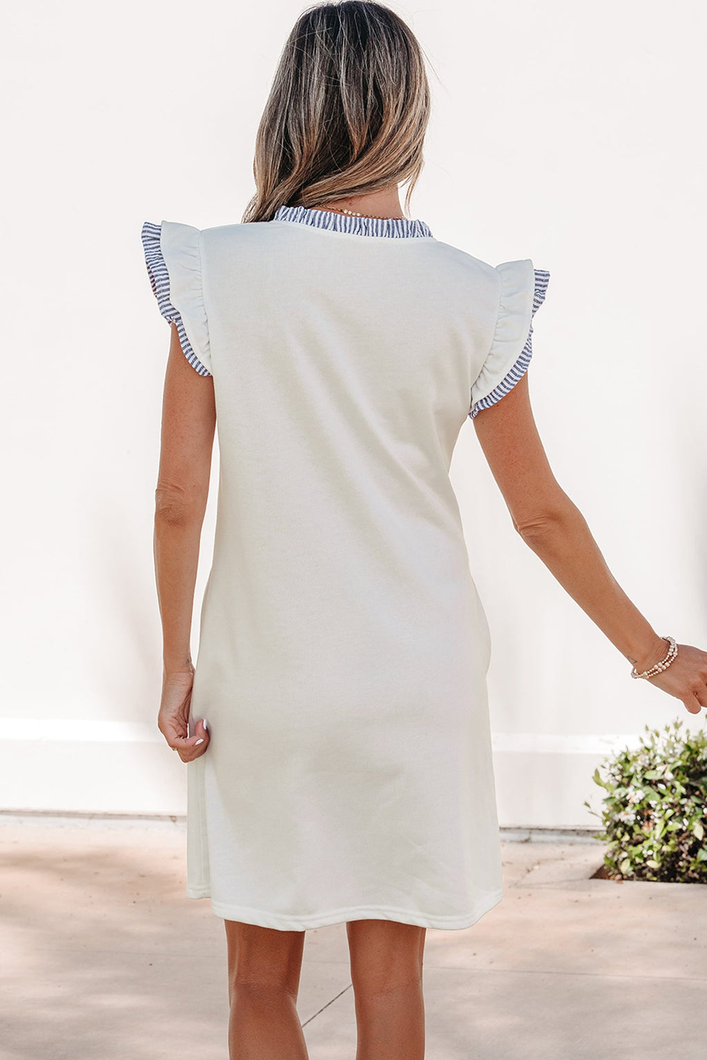 Aleena Ruffle Trim Sleeveless Stripe Mini Dress in White and Blue