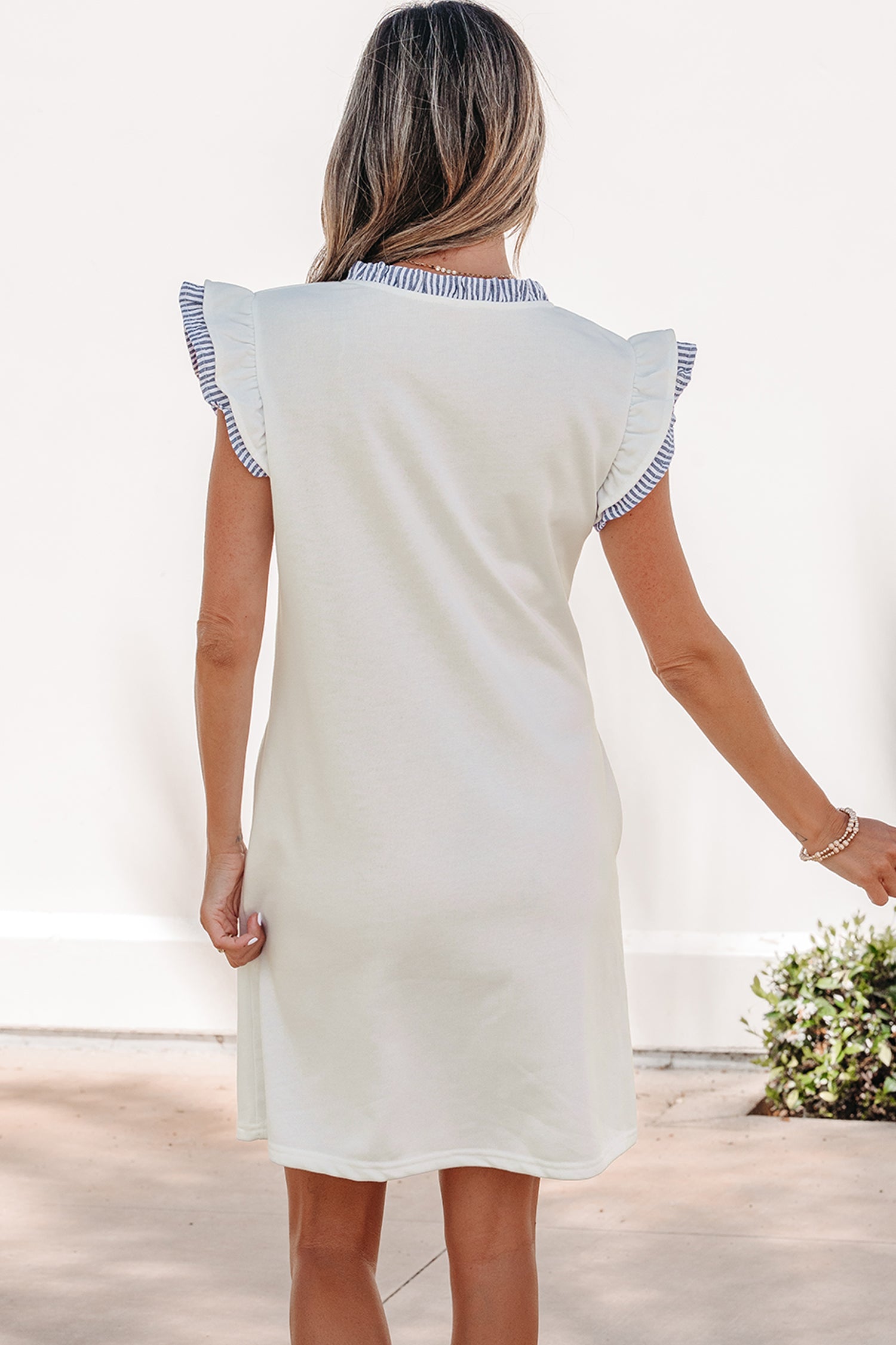 Aleena Ruffle Trim Sleeveless Stripe Mini Dress in White and Blue