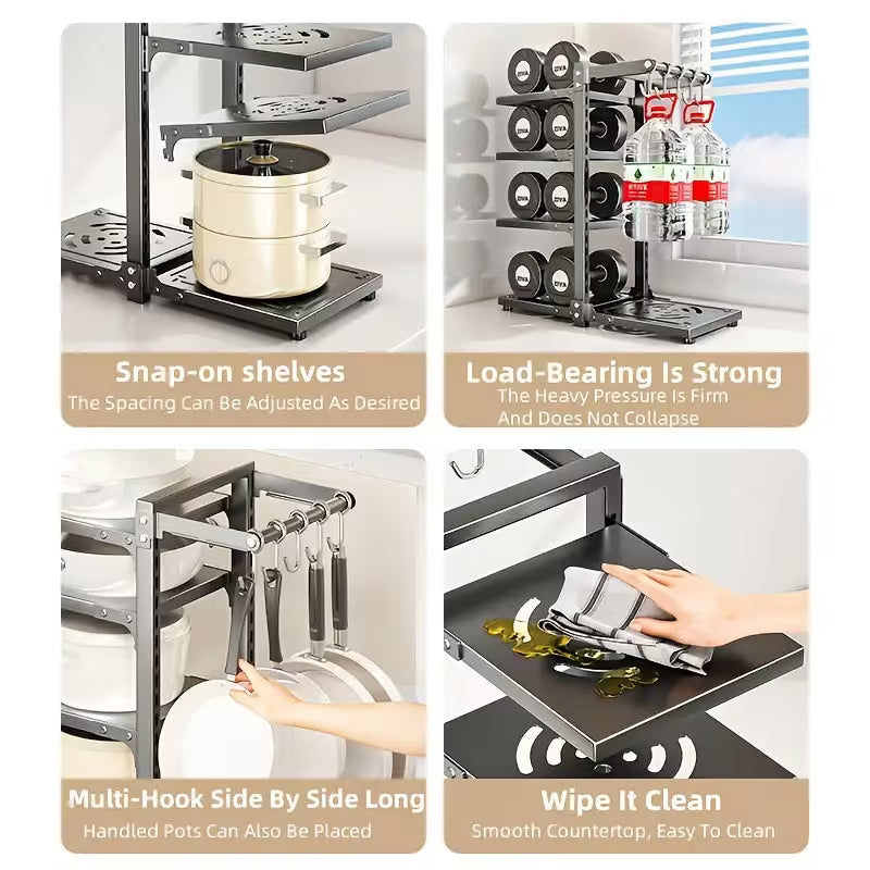 5-Tier Adjustable Carbon Steel Pot and Utensil Storage Rack with Hooks
