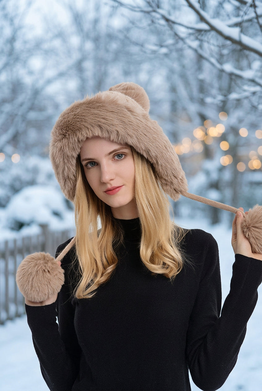 Triple Pom-Pom Fleece Knit Hat with Ear Straps