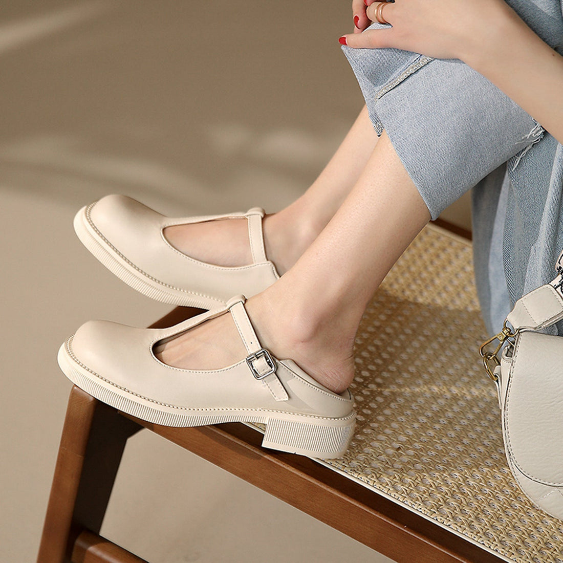 Women’s Cream Mary Jane Flats with Buckle Strap - Image 6