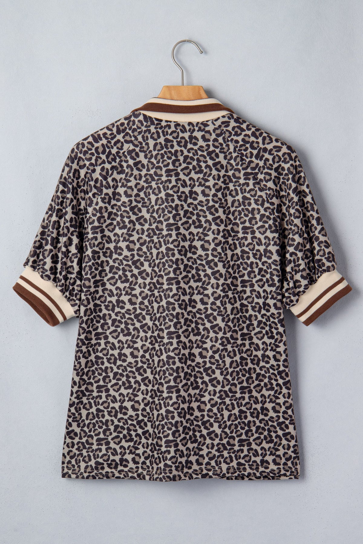 Leopard Half Zip Stripe Trim Short Sleeve Top