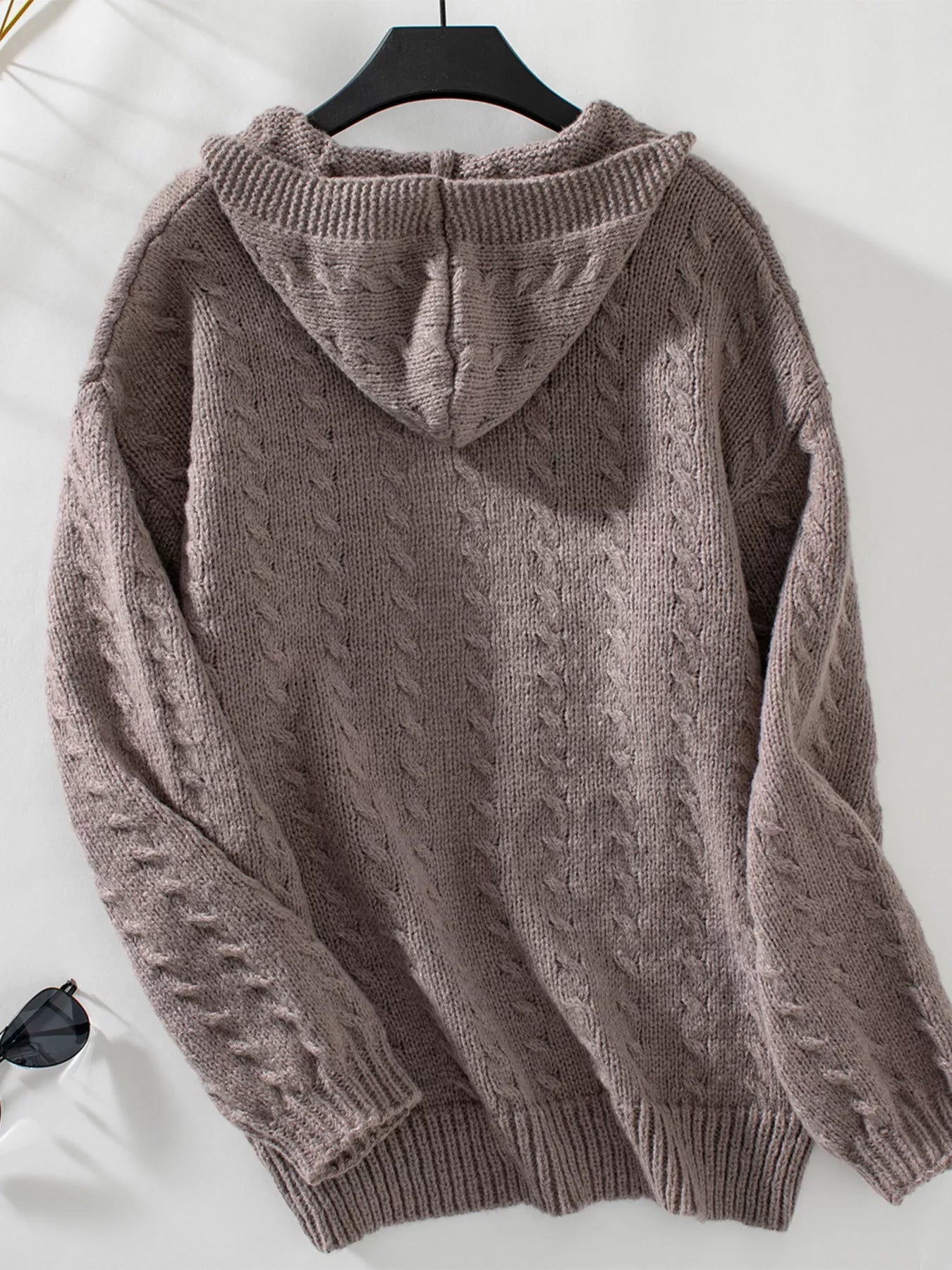 Women's Beige Cable Knit Open Front Hooded Cardigan Sweater