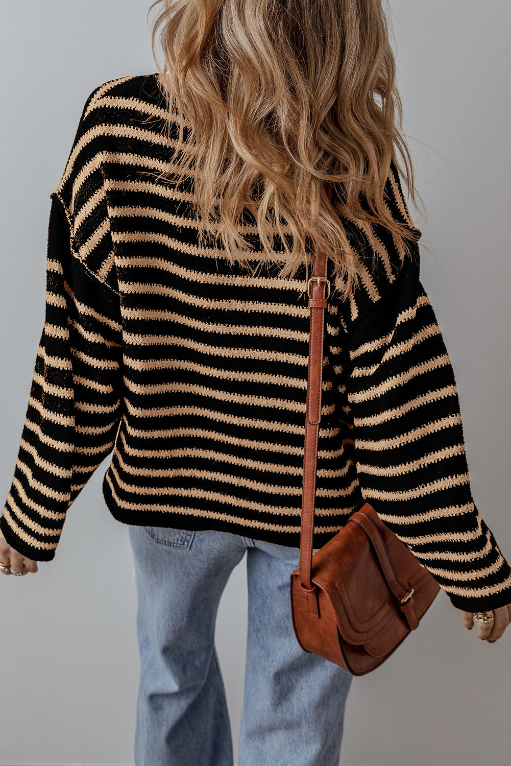 Wren Black and Beige Striped Drop Shoulder Knit Sweater
