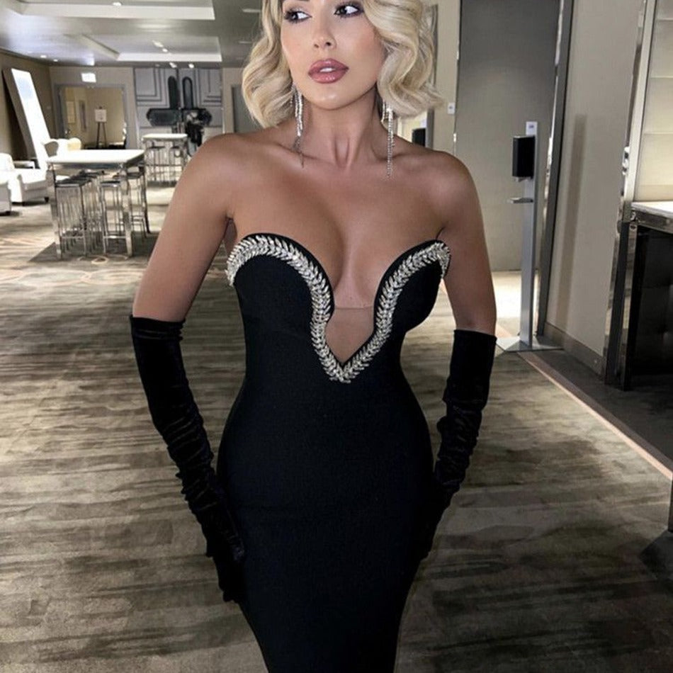 Elegant Summer Sexy V-Neck Bodycon Dress with Rhinestones