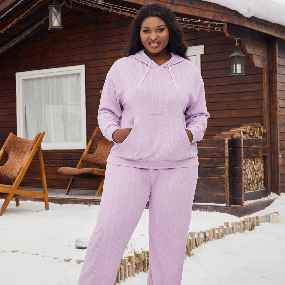 Women's Hooded Knit Sweater Set Lavender Loungewear Lounge Trousers