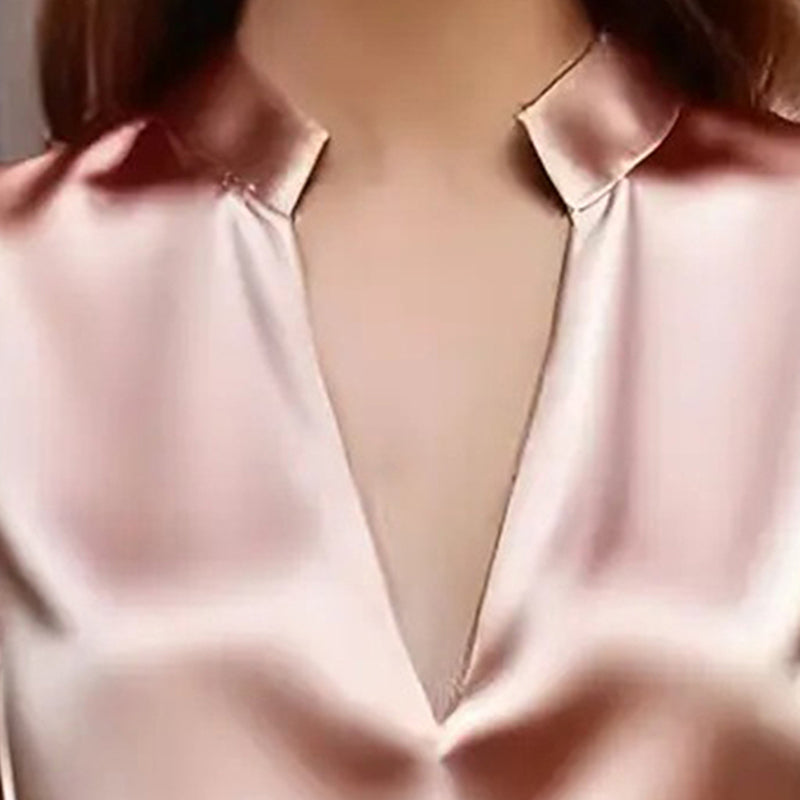 Women's Satin V-Neck Long Sleeve Blouse Elegant Slim Fit Top - Image 6