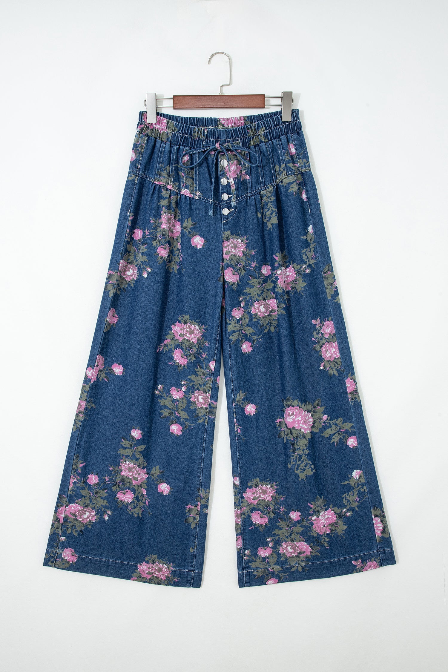 Floral Print Wide Leg Denim Jeans with Tie Waist