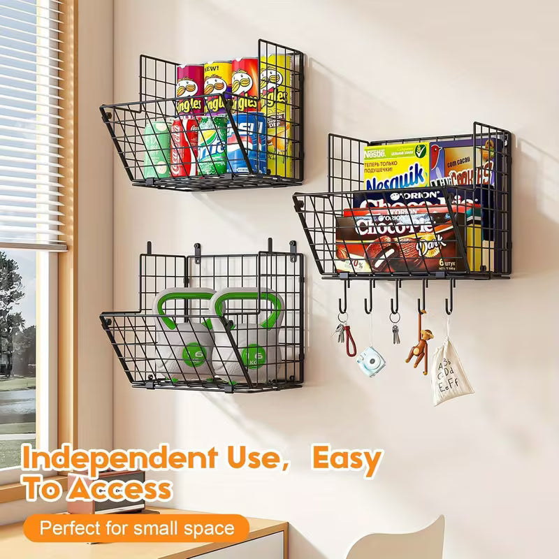 3-Tier Wall Mount Metal Wire Storage Basket with 5 S-Hooks