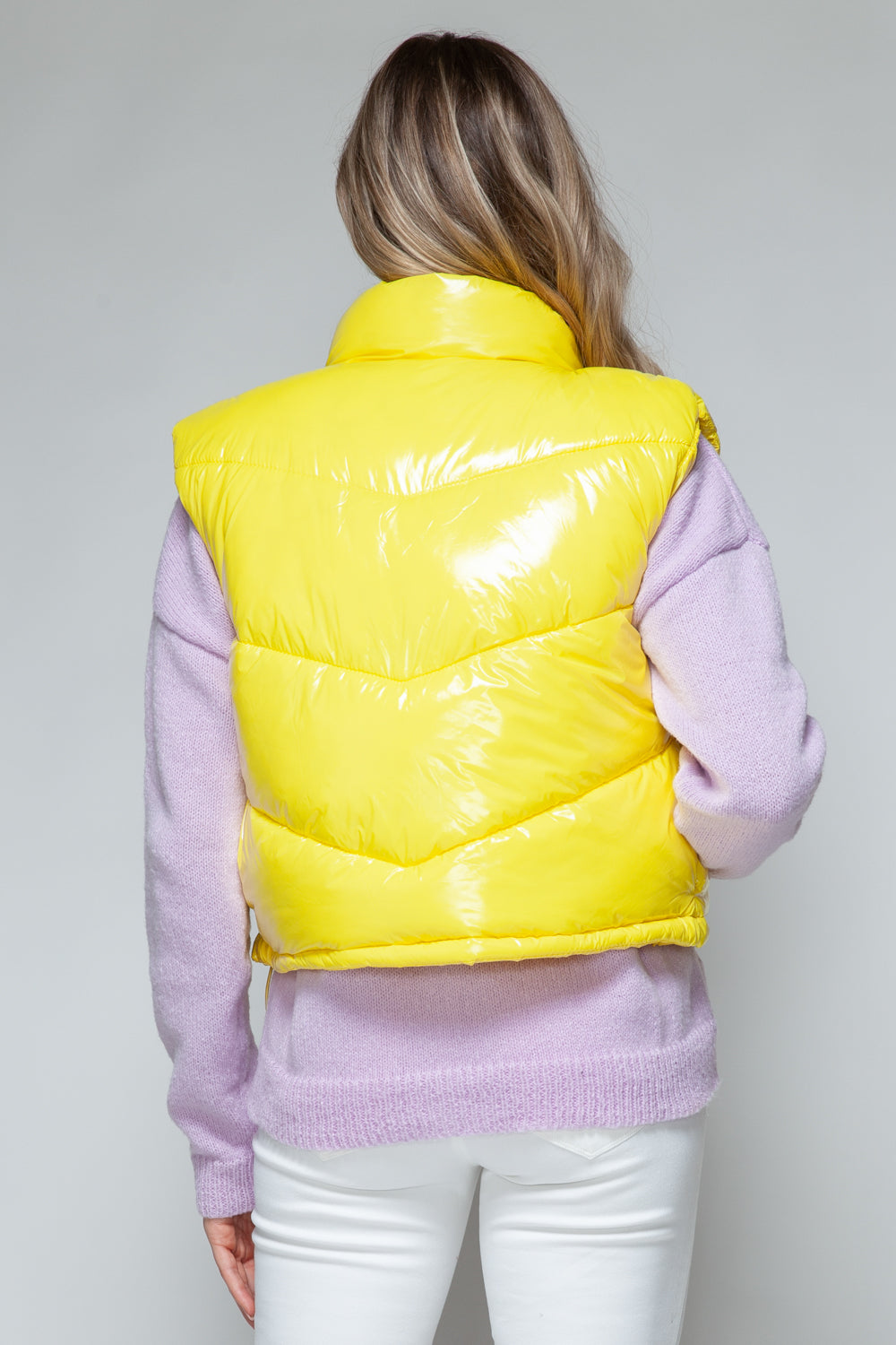 Women's Shiny Yellow Quilted Zip-Up Turtleneck Vest - Image 2