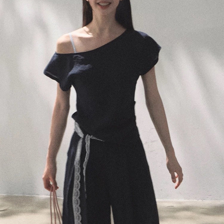 Off-Shoulder Linen Blend Two-Piece Set with Lace Trim - Image 5