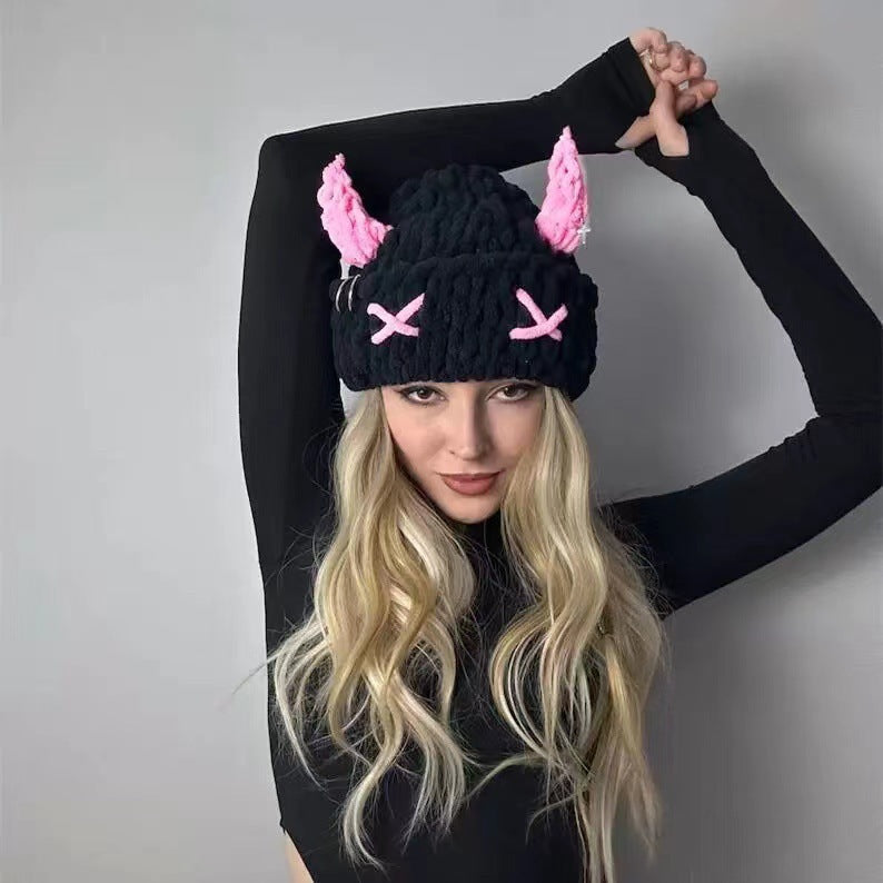 Cute Devil Horn Hood Knit Hat with Mask – Thickened Warm Acrylic Beanie | Sweet Cool INS Style | 4 Colors: Pink, Rose Red, Blue & Red