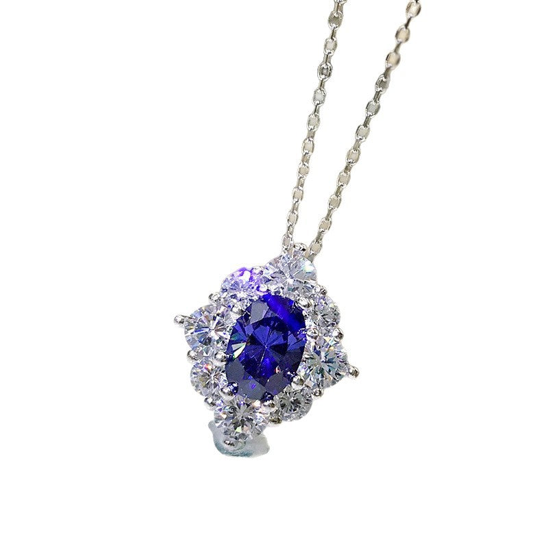 Sapphire Blue Zircon Flower Pendant Necklace For Women