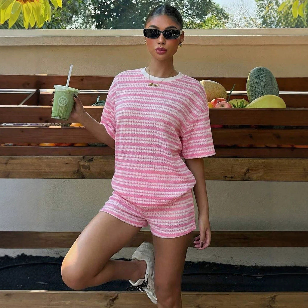 Women's Striped Crew-Neck Short-Sleeve T-Shirt and Shorts Set - Image 3