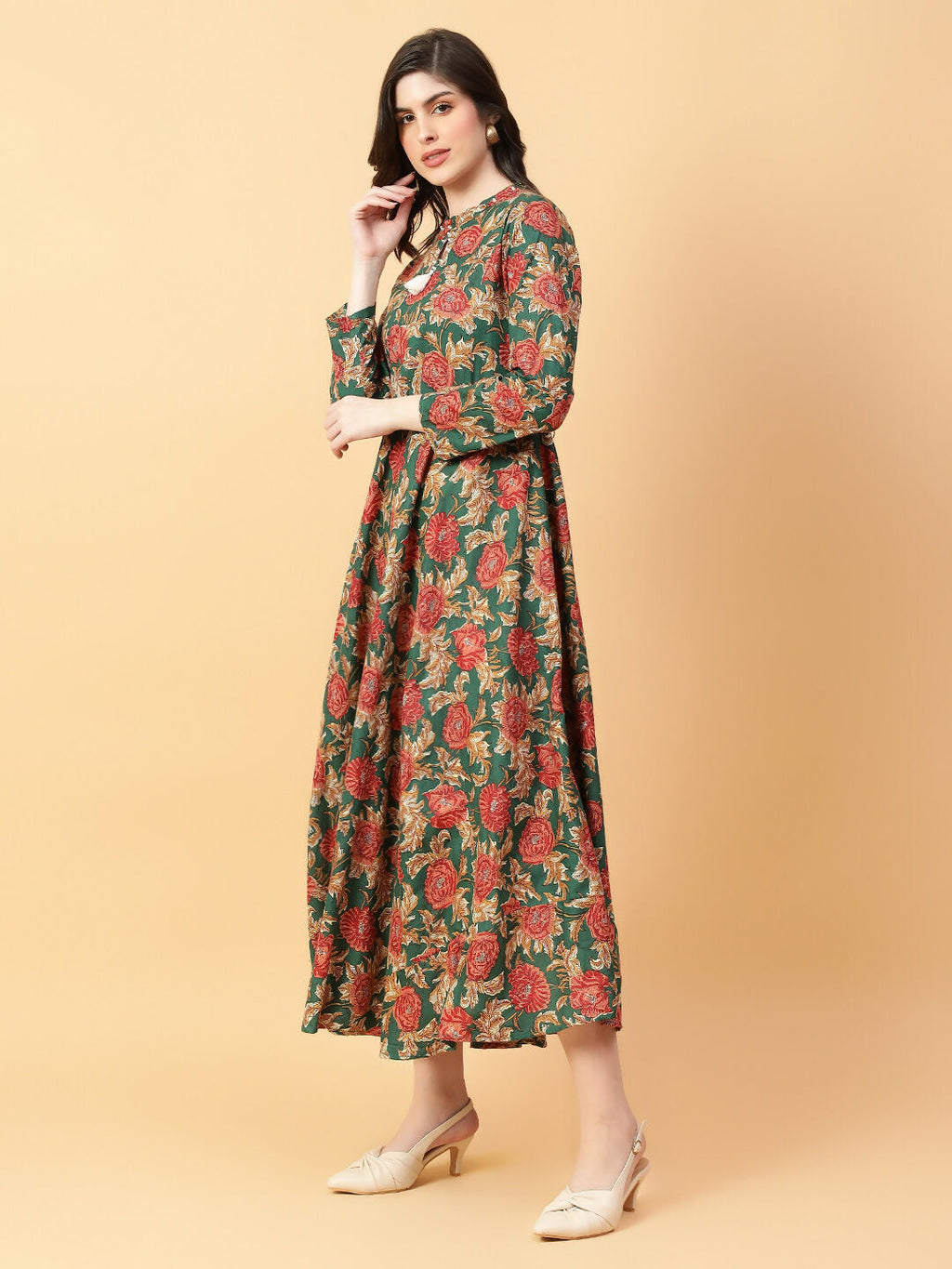 Joban Fashion Green Cotton Printed & Hand Work Dress