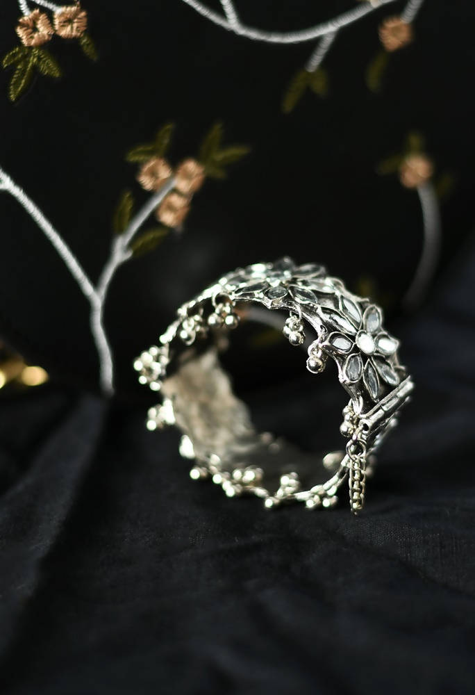 Kamal Johar Oxidised Silver-Plated Mirror Work Cuff Bracelet