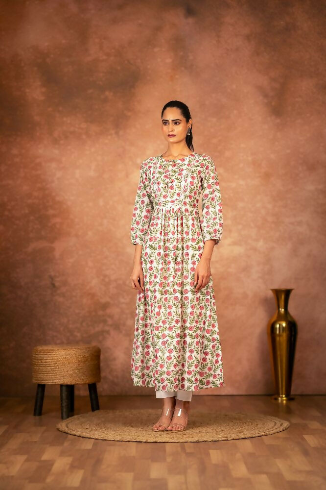 Red Floral Hand Block Printed Cotton Kurta Pant Set with artisanal details