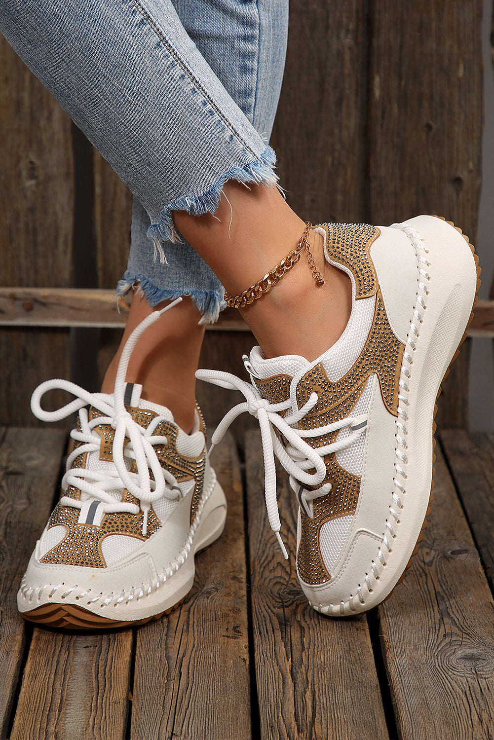 White Rhinestone Platform Sneakers Casual Lace Up Trainers