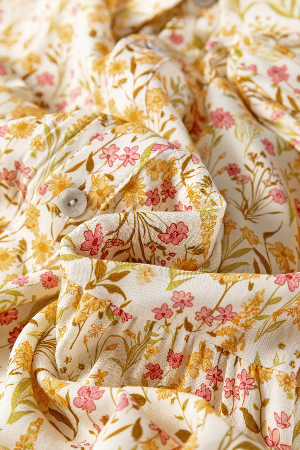 Yellow Floral Print Frilly Trim Smocked Cuff Long Sleeve Shirt Dress