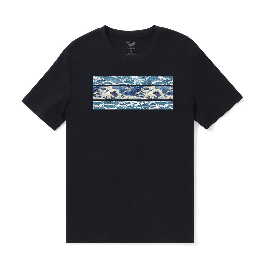 Men's blue and black crew neck t-shirt featuring an abstract wave graphic design.