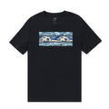 Men's blue and black crew neck t-shirt featuring an abstract wave graphic design.