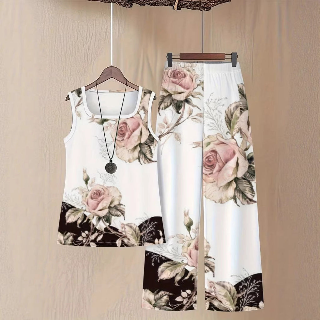 Floral 3D Print Sleeveless Tank Top & Wide-Leg Trousers Set