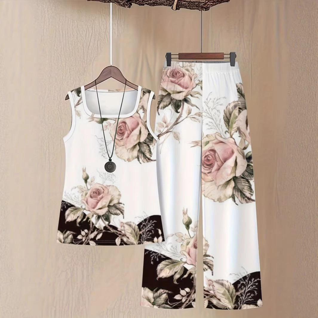 Floral 3D Print Sleeveless Tank Top & Wide-Leg Trousers Set