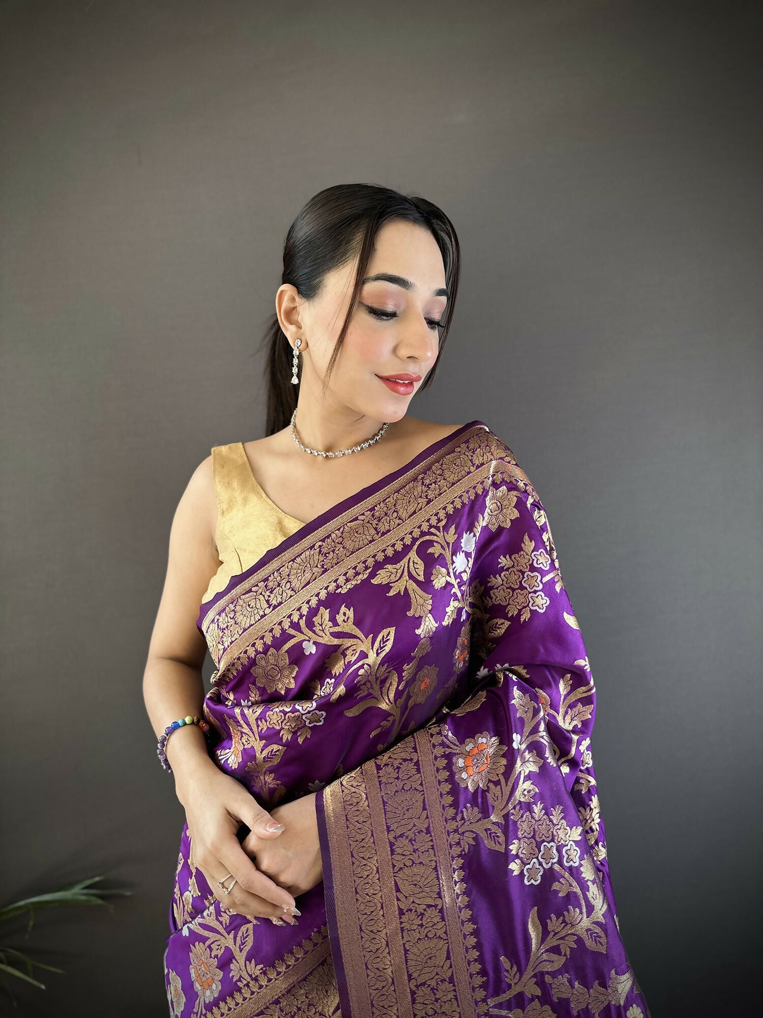 Purple Floral & Ethnic Motif Soft Silk Meenakari Banarasi Saree
