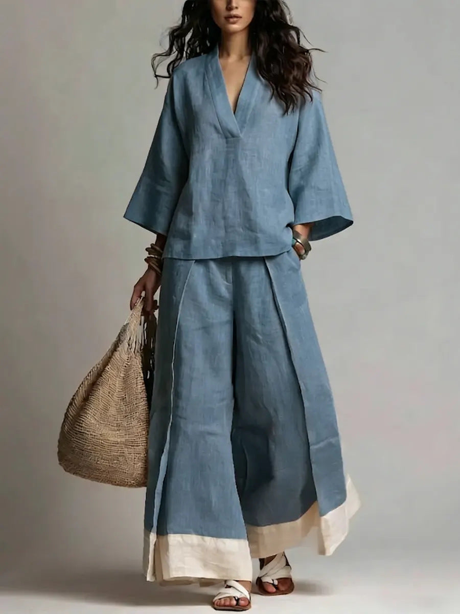 Cotton-Linen V-Neck Two-Piece Set: Wide-Leg Pants & 3/4 Sleeve Top