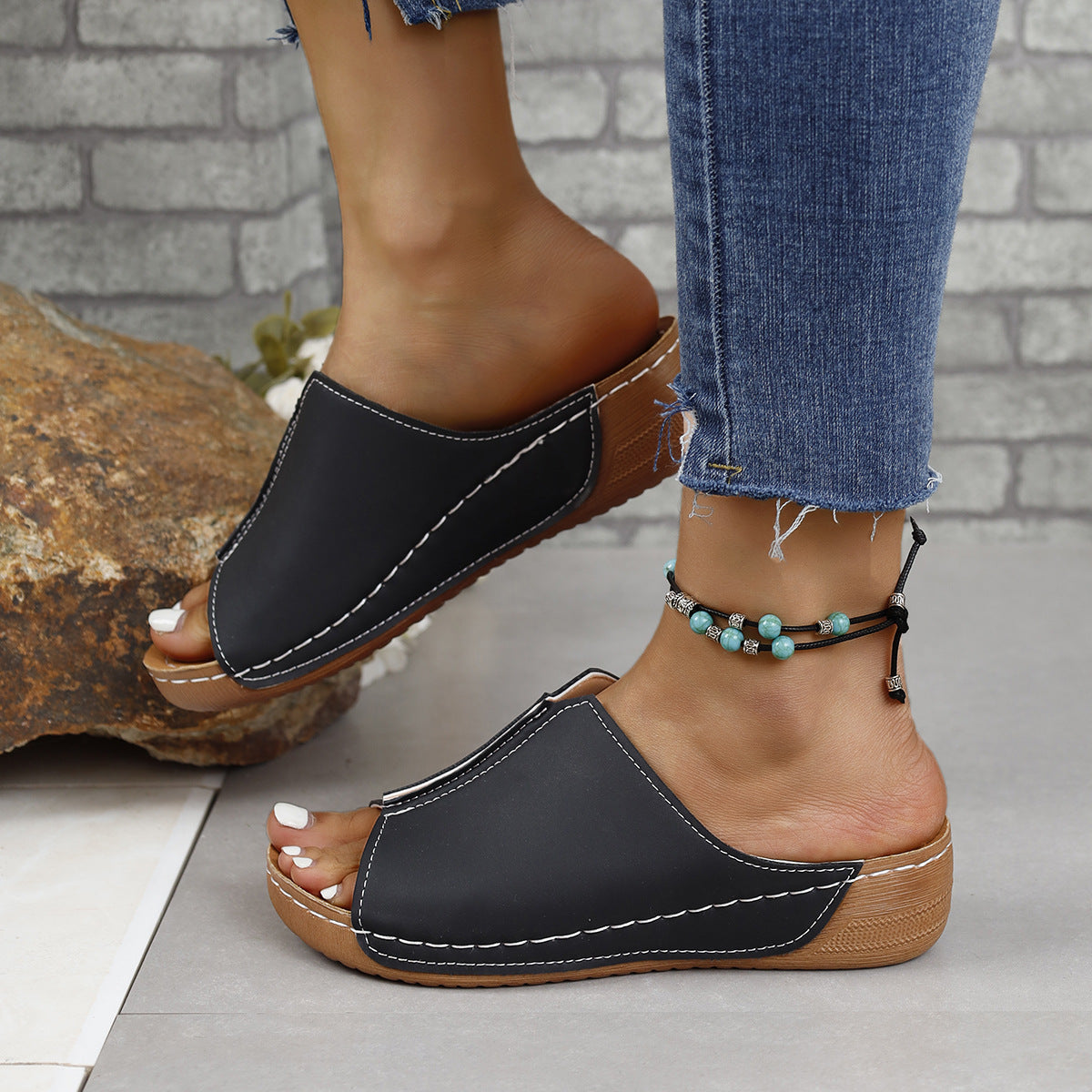 Women's Comfortable PU Leather Open Toe Low Heel Slide Sandals - Image 7
