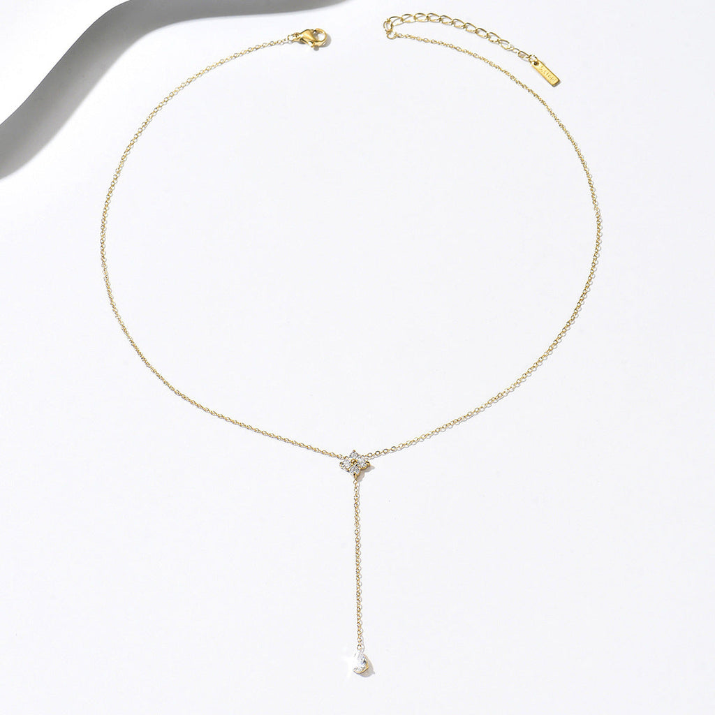 Geometric Zircon Oval Pendant Necklace in Stainless Steel