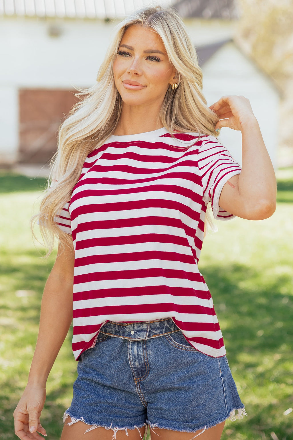June Stripe Patchwork T Shirt in Red and White Cotton