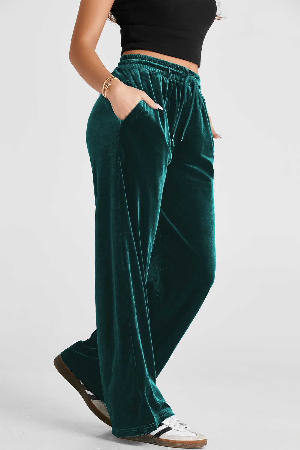 Solid Drawstring Waist Wide Leg Pants
