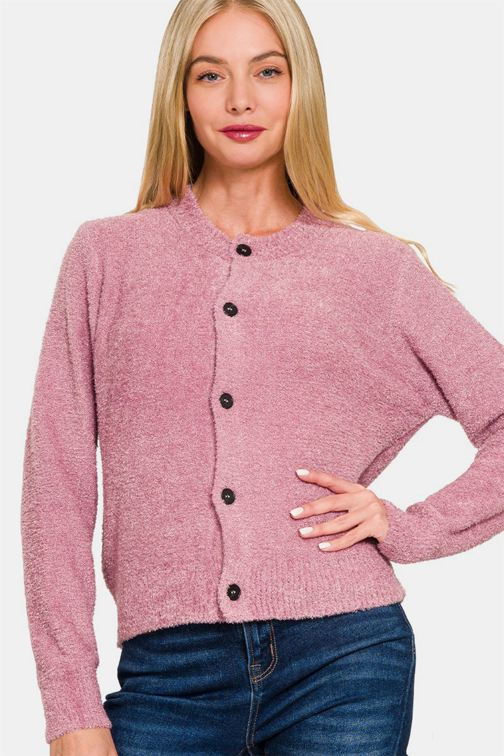 Pink Button-Down Crew Neck Long Sleeve Fuzzy Sweater Cardigan - Image 4